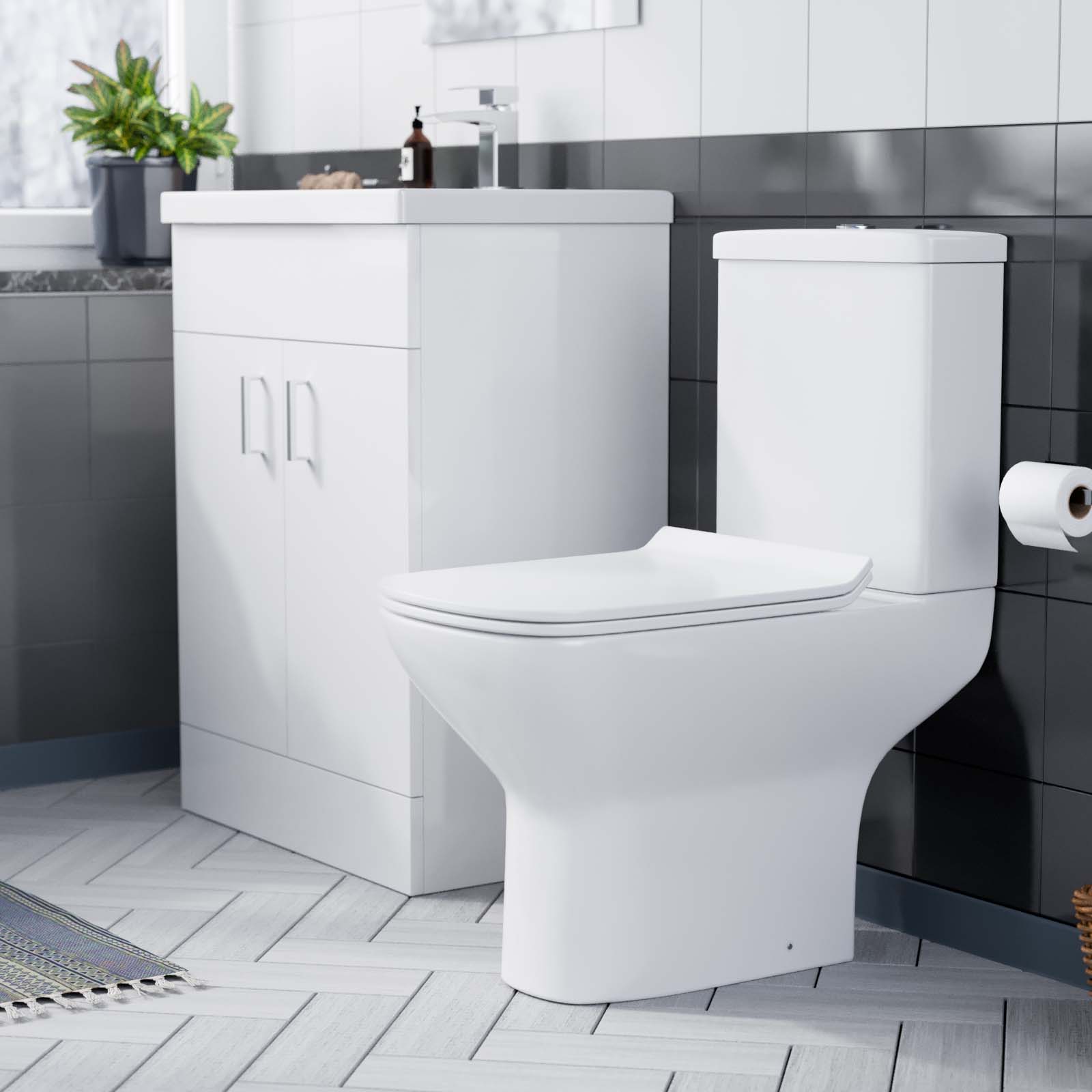 Nayuna 600mm Floorstanding White Basin Vanity & Rimless Close Coupled Toilet Flat Pack