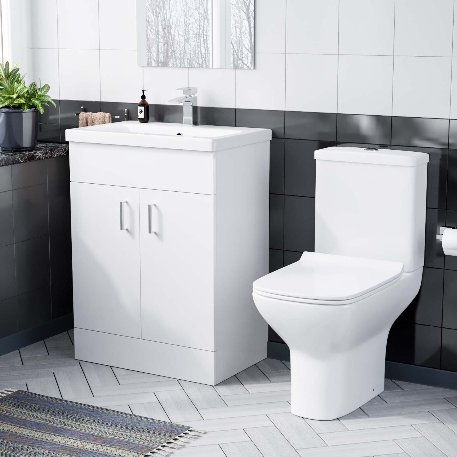 Nayuna 600mm Floorstanding White Basin Vanity & Rimless Close Coupled Toilet Flat Pack