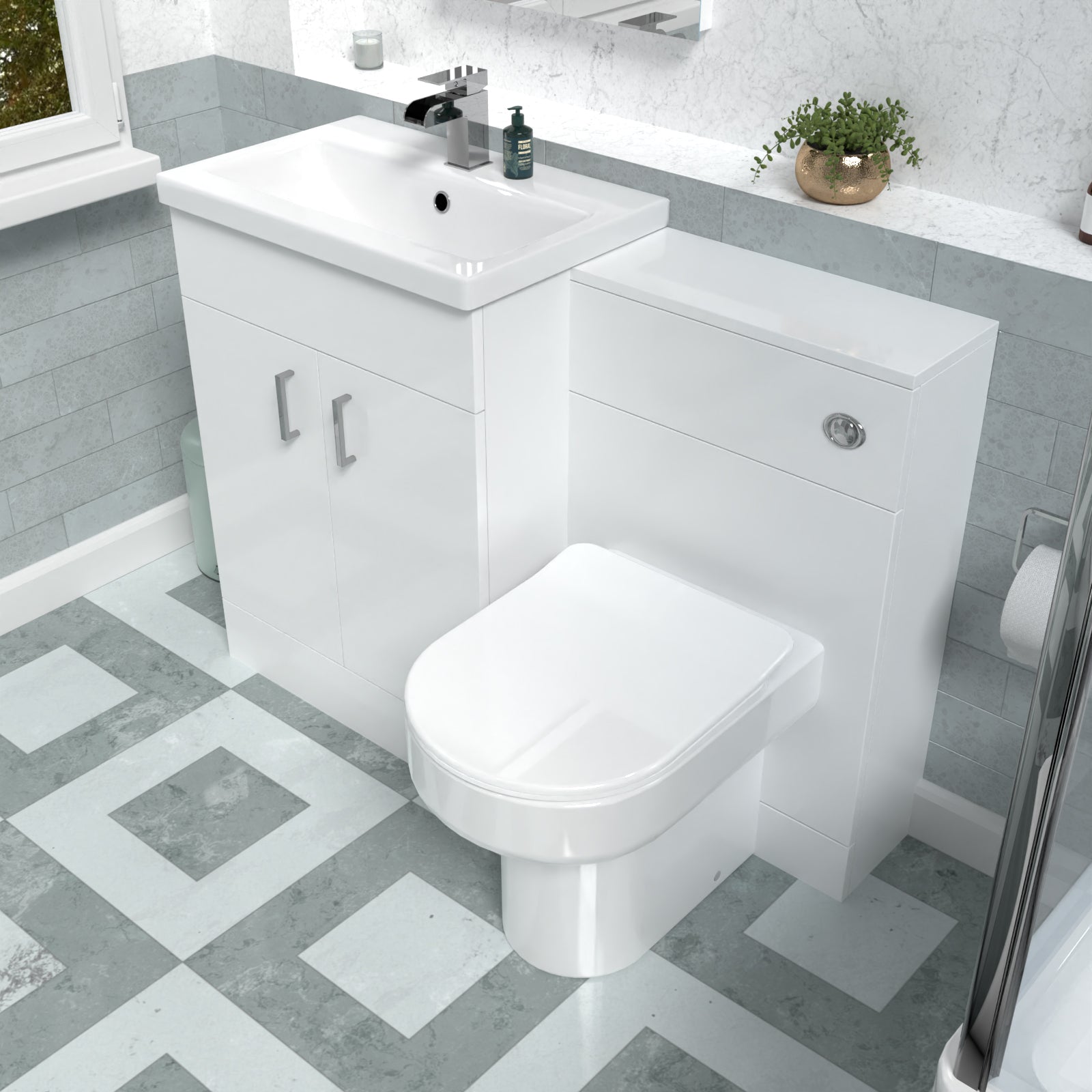 Nanuya 1100mm White Vanity Basin Cabinet, WC Unit & Back To Wall Toilet
