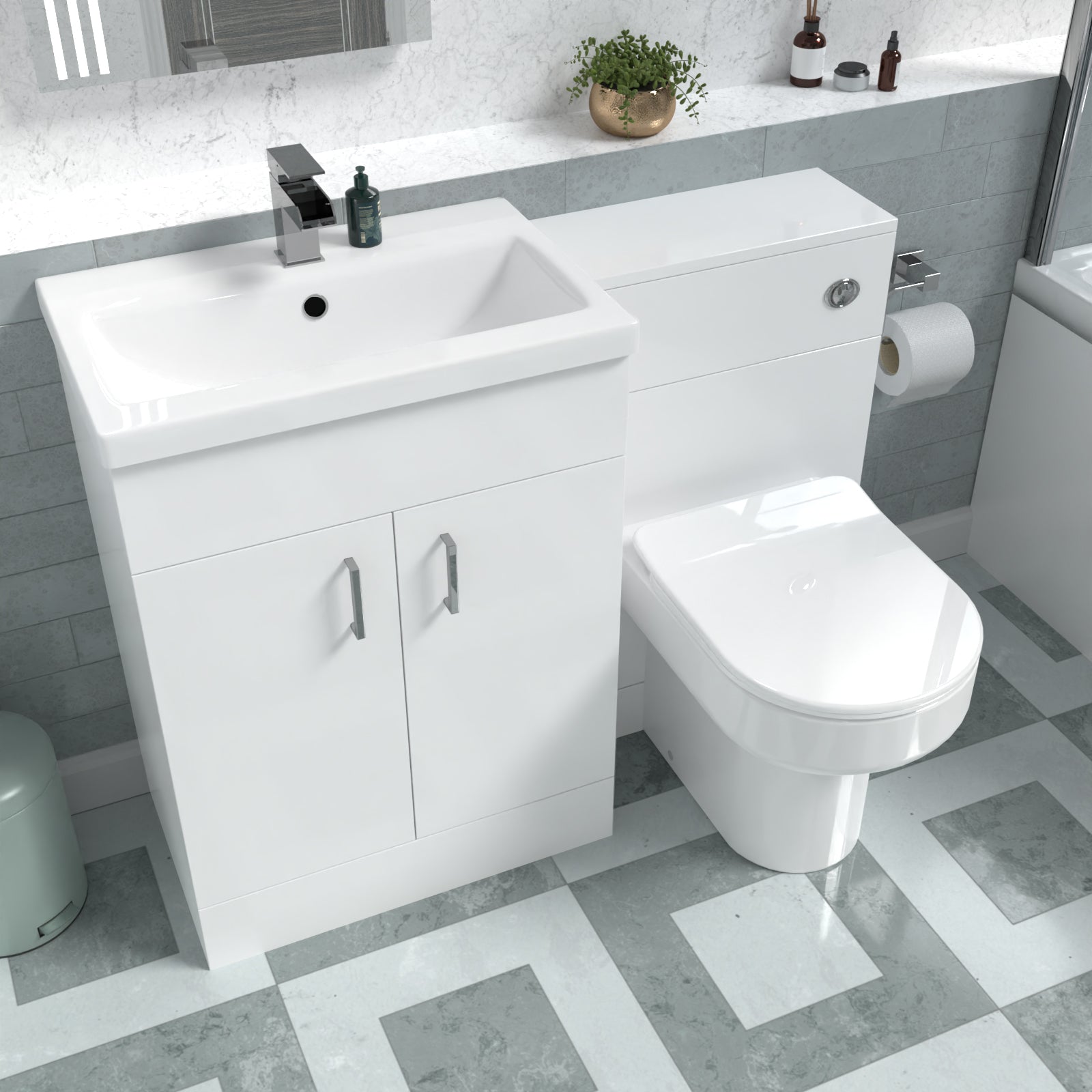 Nanuya 1100mm White Vanity Basin Cabinet, WC Unit & Back To Wall Toilet