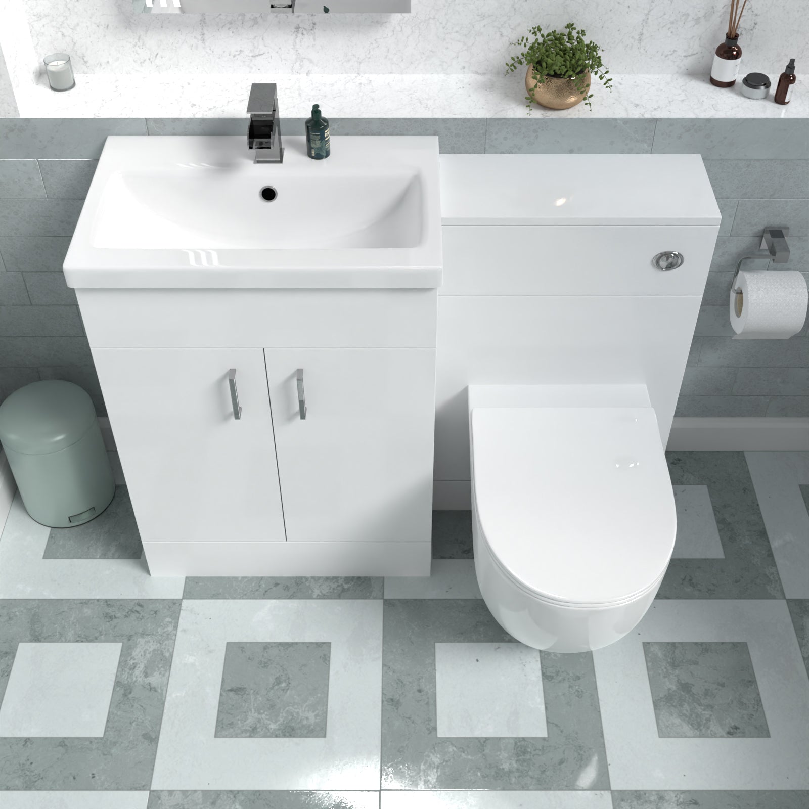 Nanuya 1100mm Freestanding White Basin Vanity & Back To Wall Toilet