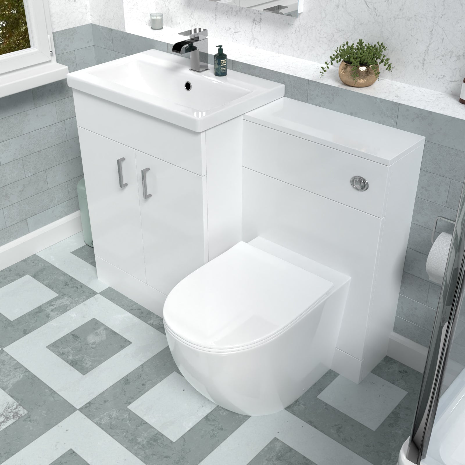 Nanuya 1100mm Freestanding White Basin Vanity & Back To Wall Toilet
