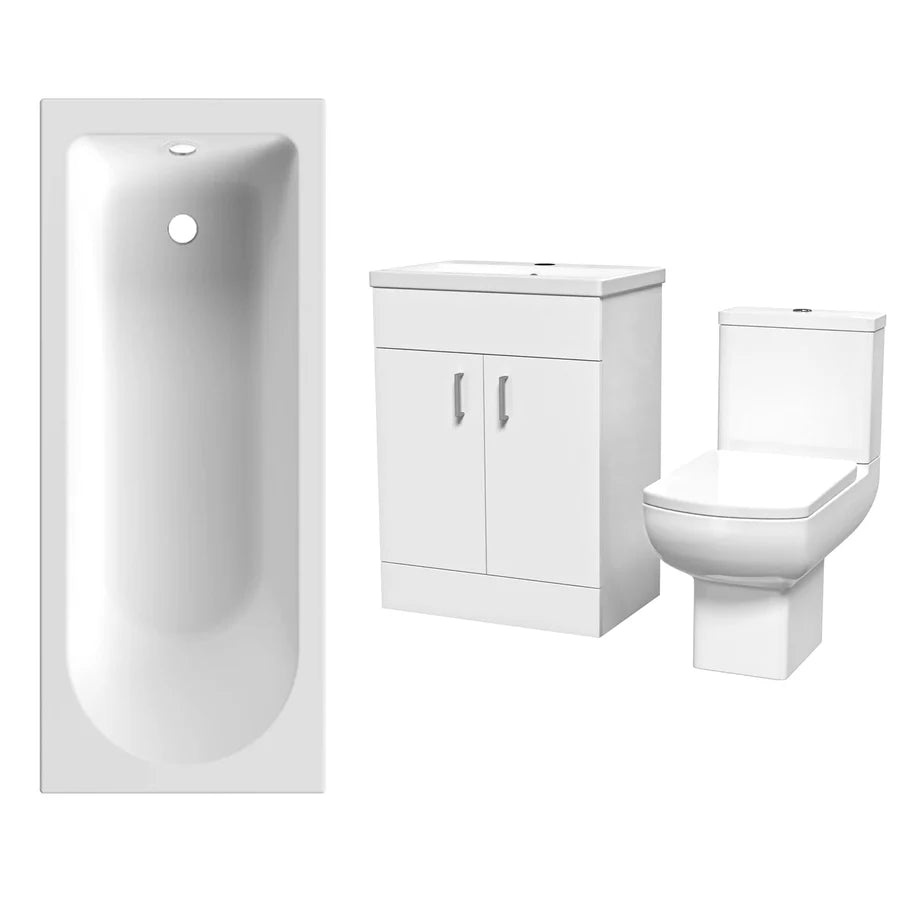 Nanuya 600mm White Basin Vanity, Square Rimless Close Coupled Toilet And Bath