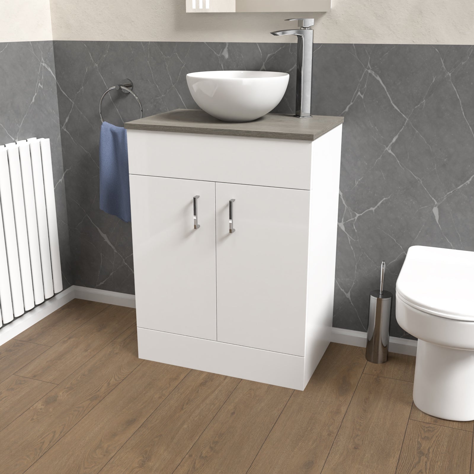 Nanuya 600mm White Vanity Unit Cabinet With Oak Worktop