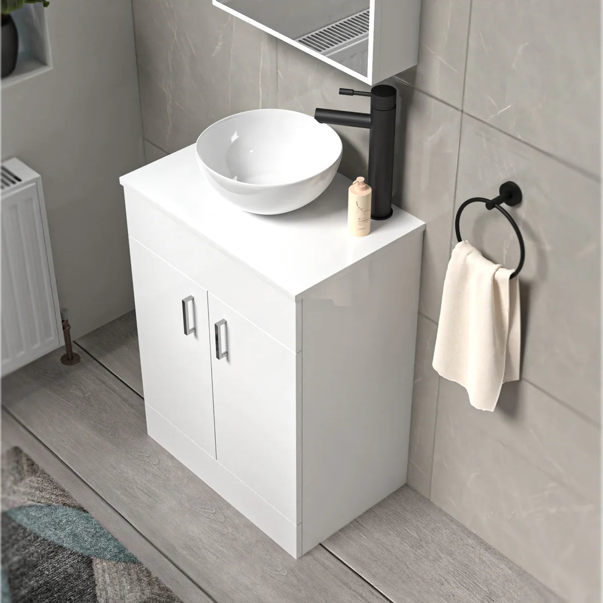 Nanuya White 600mm Bathroom Doors Vanity Unit Rounded Rectangle Basin
