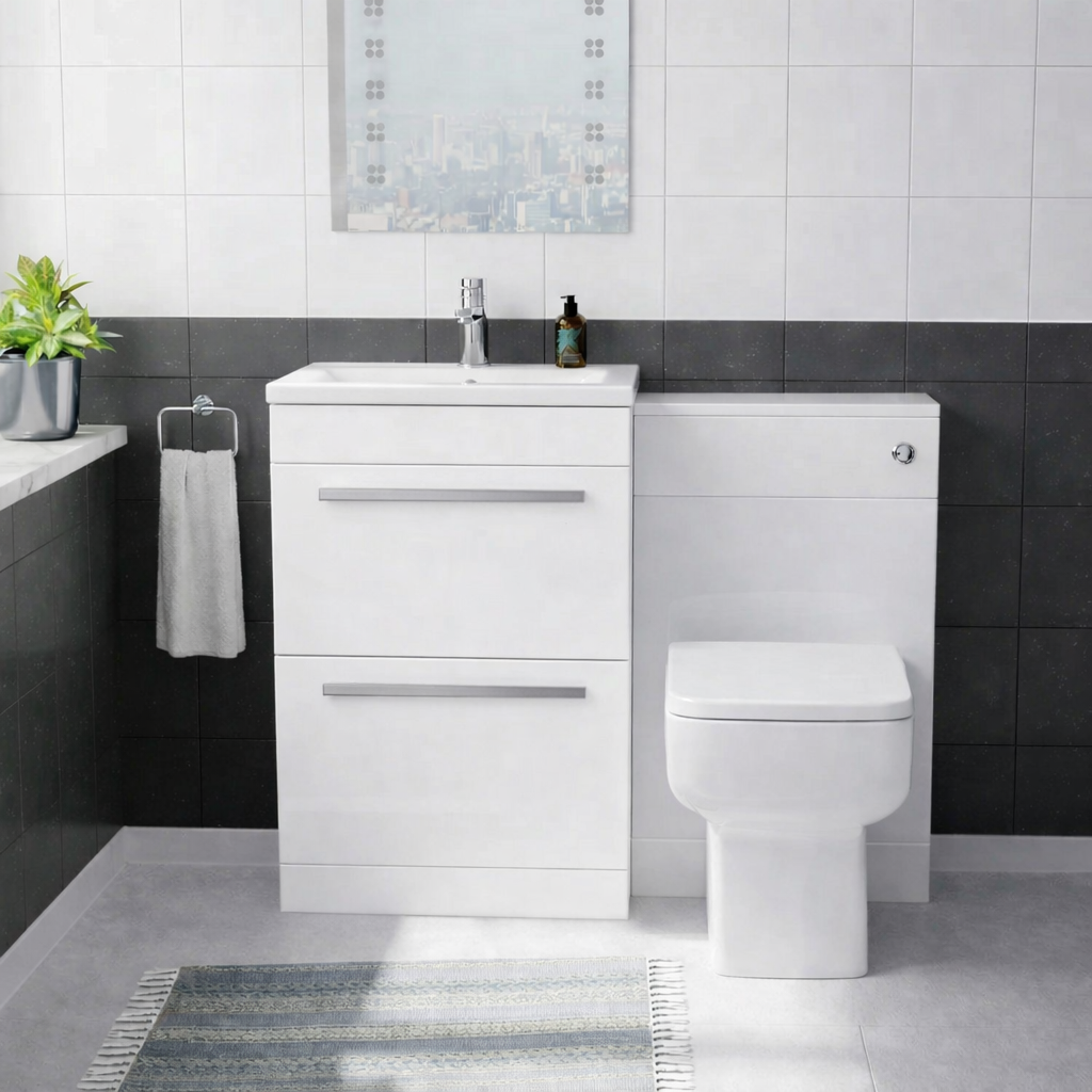 Nanuya White 600mm Basin Sink Vanity WC Unit & Rimless BTW Toilet Pan