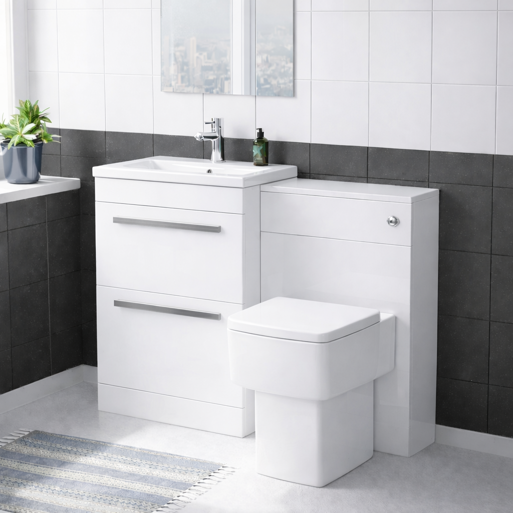 Nanuya White 600mm Basin Sink Vanity WC Unit & Rimless BTW Toilet Pan
