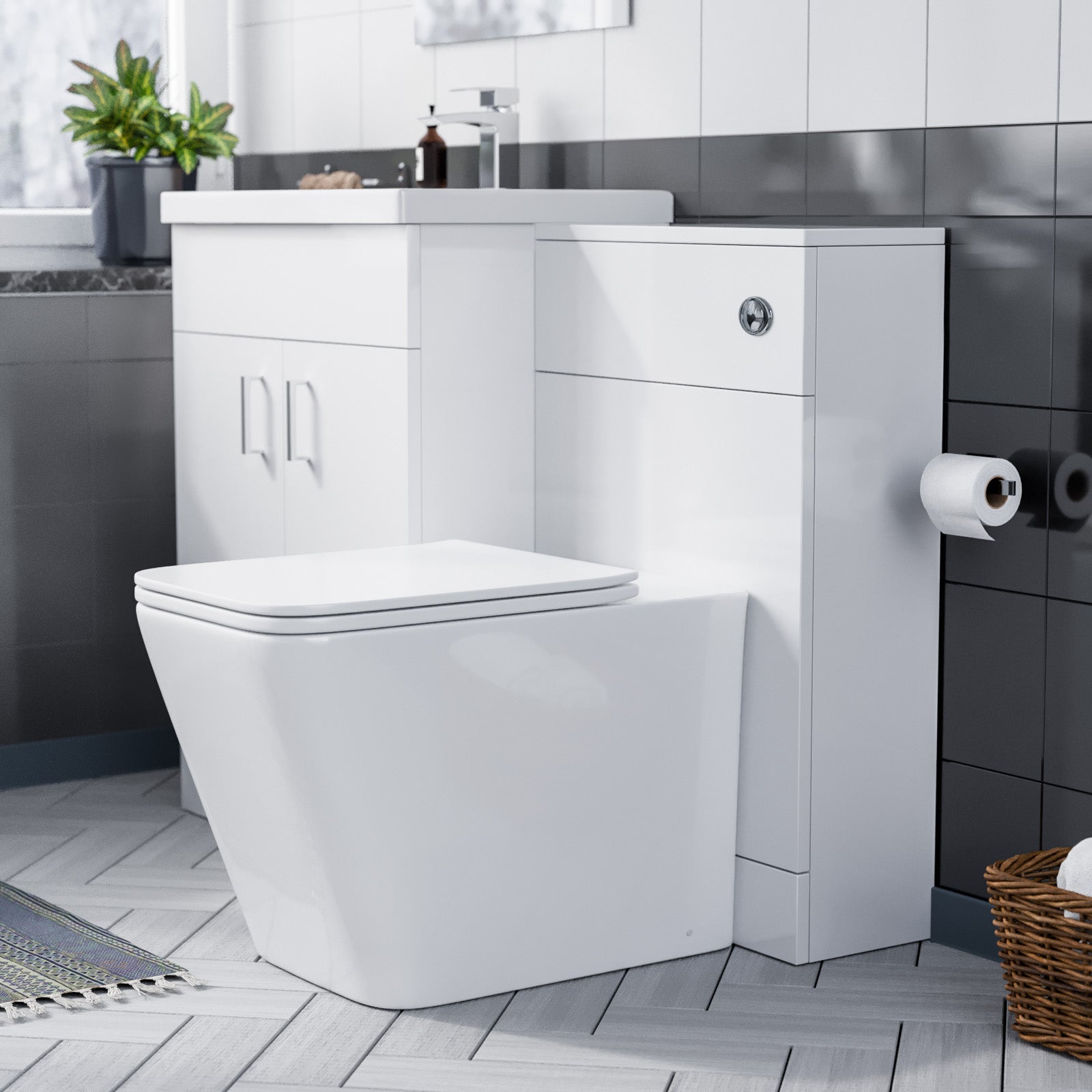 Nanuya 600 Floor Standing White Vanity, Ceramic Basin, BTW Toilet with UF Seat & WC Unit