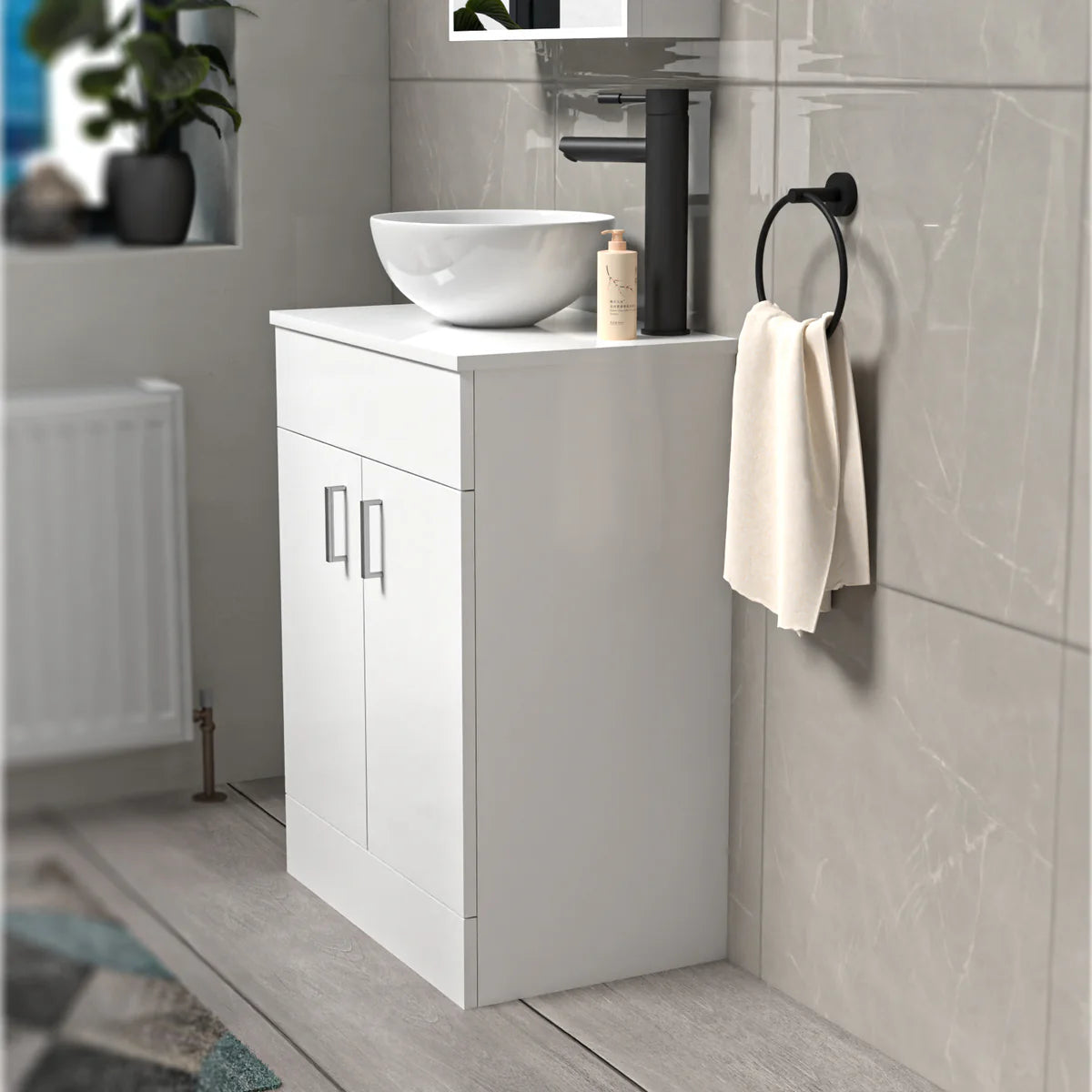 Nanuya White 600mm Bathroom Doors Vanity Unit Rounded Rectangle Basin