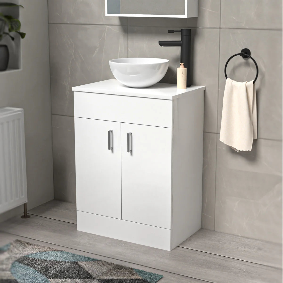 Nanuya White 600mm Bathroom Doors Vanity Unit Rounded Rectangle Basin