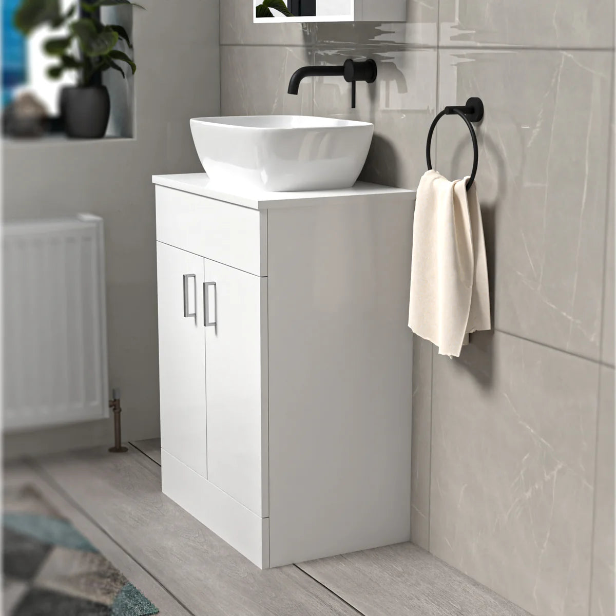 Nanuya White 600mm Bathroom Doors Vanity Unit Rounded Rectangle Basin