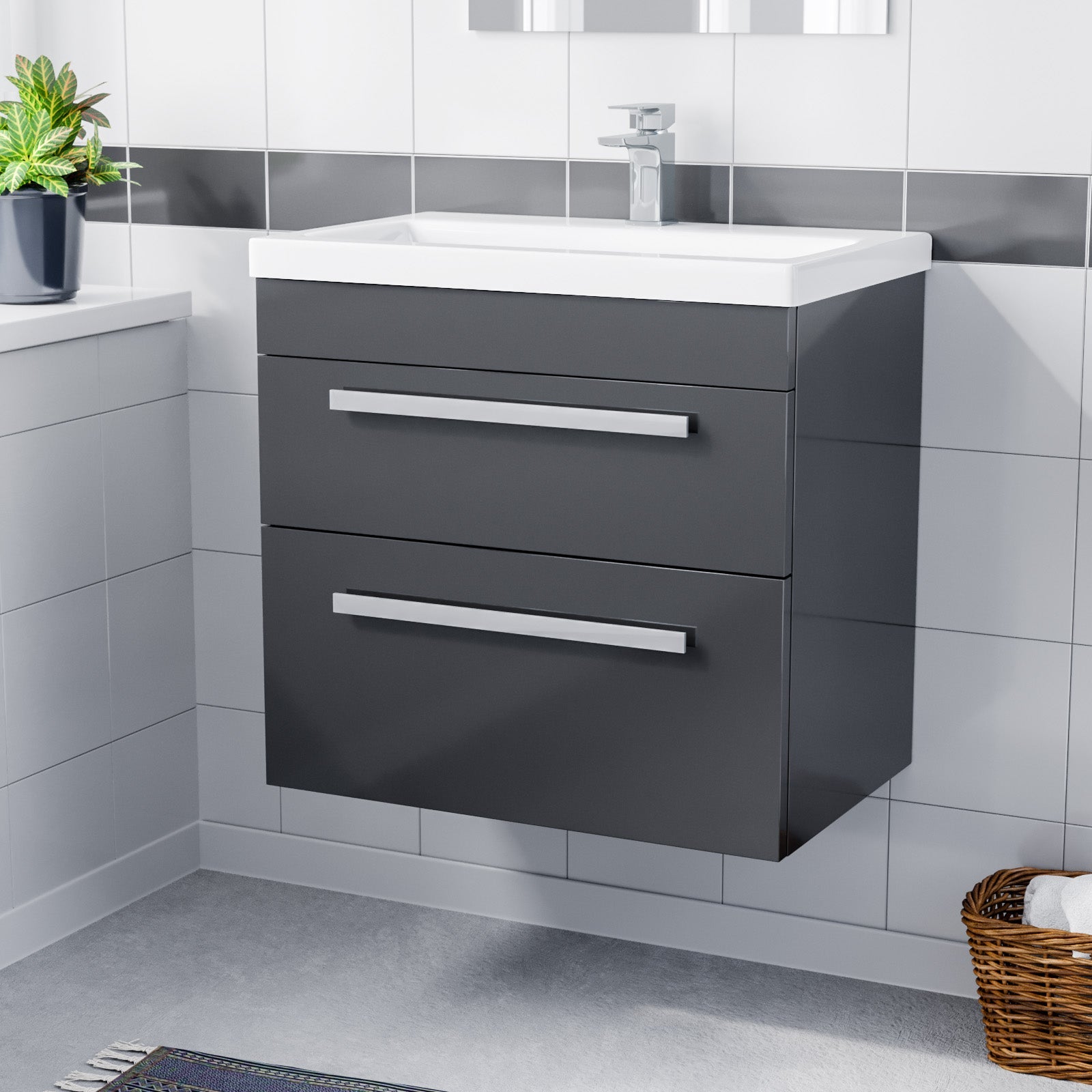 Nanuya 600mm Gloss Anthracite Wall Hung 2 Drawer Vanity Cabinet & Basi