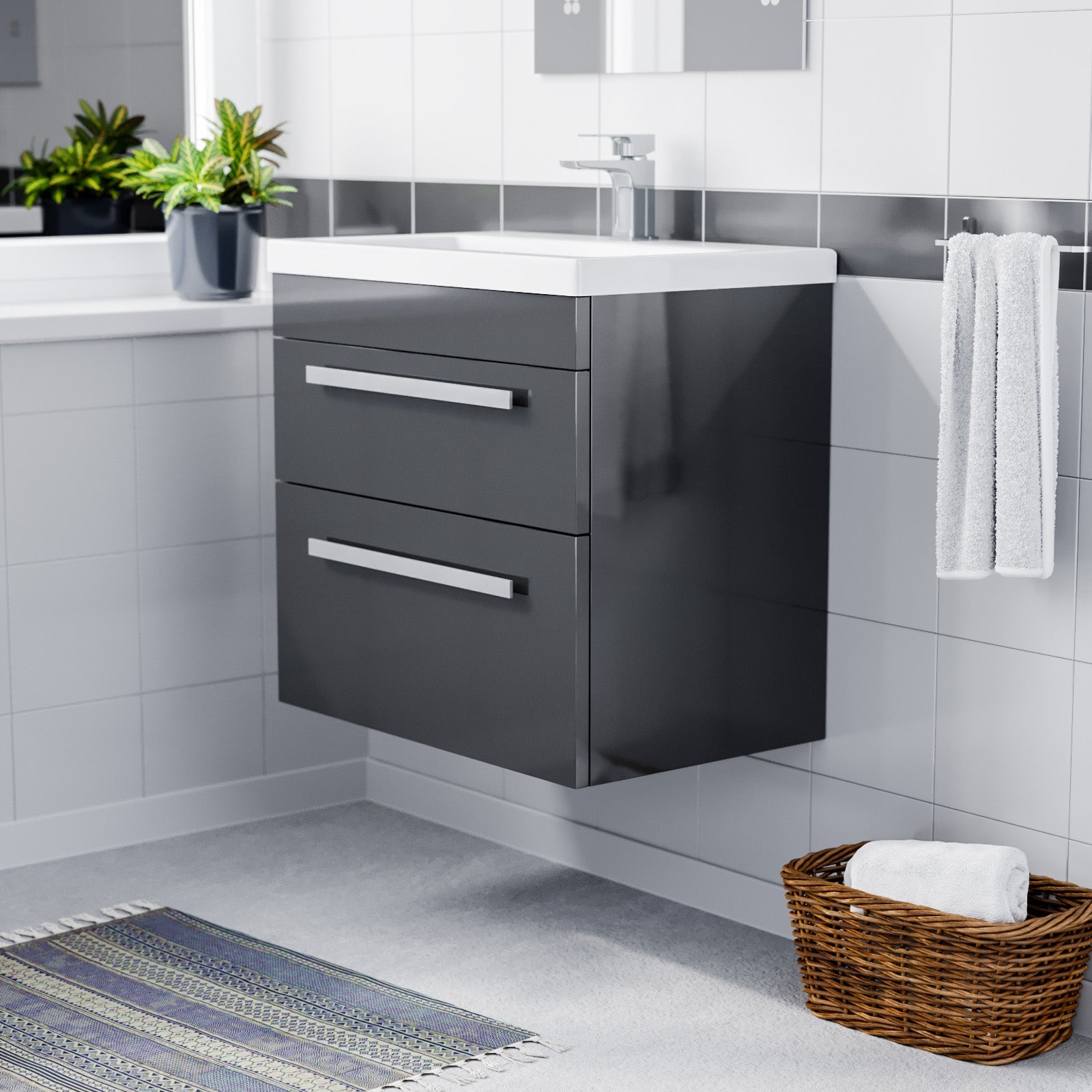 Nanuya 600mm Gloss Anthracite Wall Hung 2 Drawer Vanity Cabinet & Basin