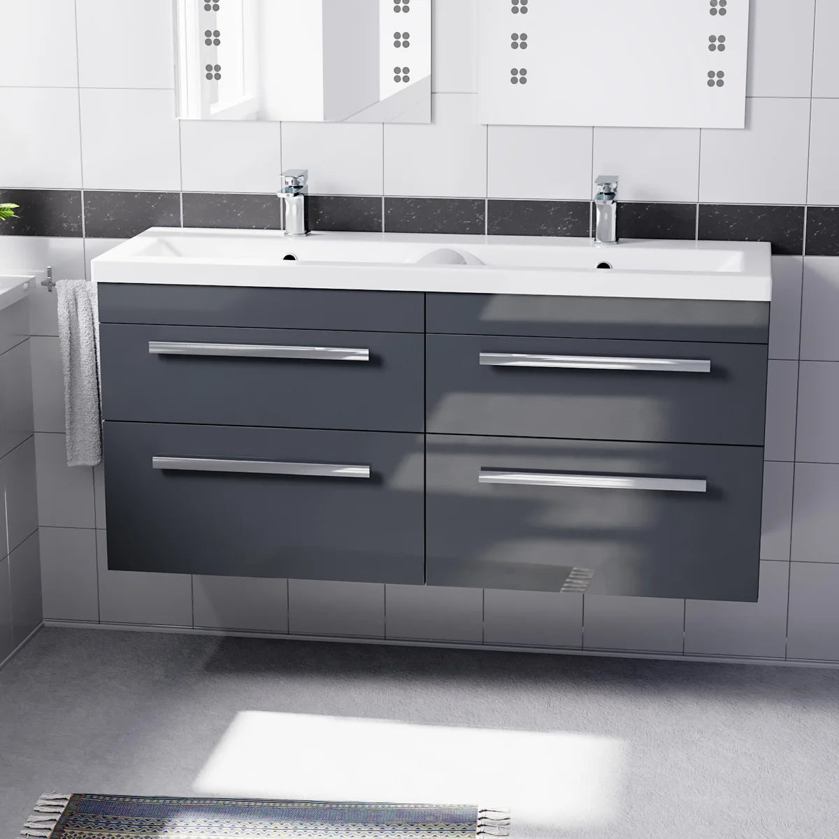 Set of 2 Wall Hung 600mm Drawers Cabinet with Mid Edge Twin Basin - Anthracite