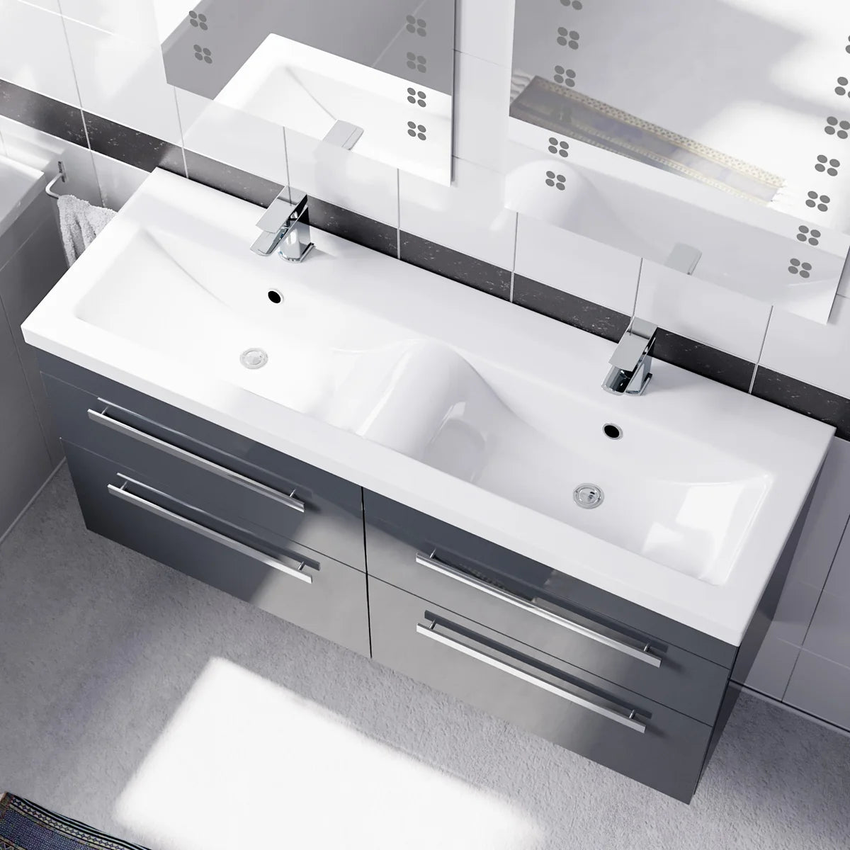 Set of 2 Wall Hung 600mm Drawers Cabinet with Mid Edge Twin Basin - Anthracite
