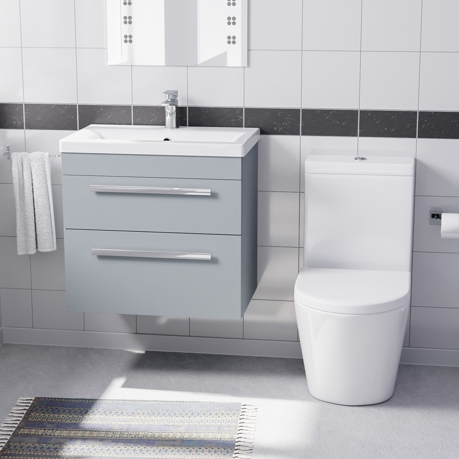 Nanuya Matte Grey 600mm Wall Hung 2 Drawer Vanity Cabinet Unit & Close Coupled Toilet