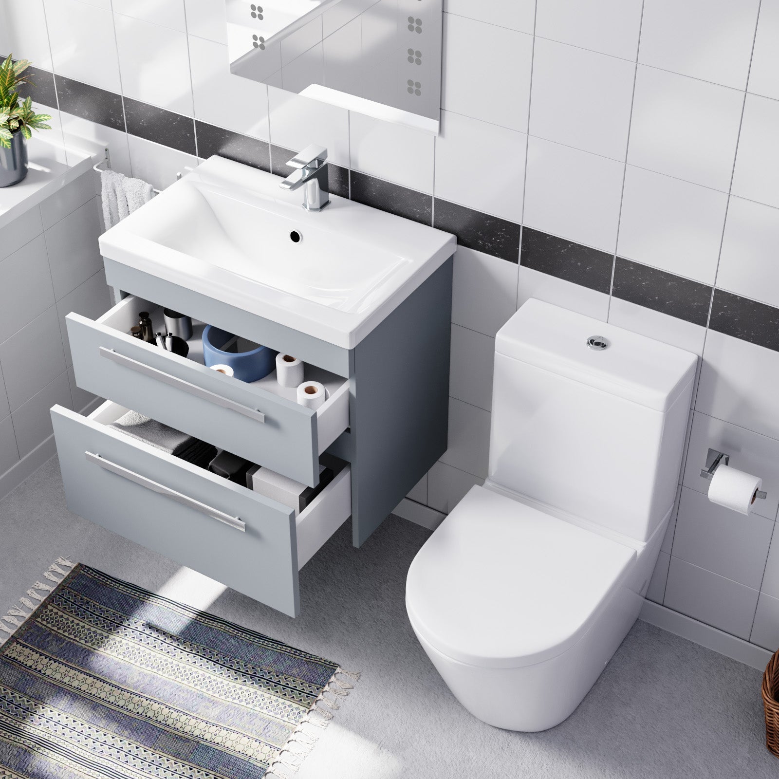 Nanuya Matte Grey 600mm Wall Hung 2 Drawer Vanity Cabinet Unit & Close Coupled Toilet