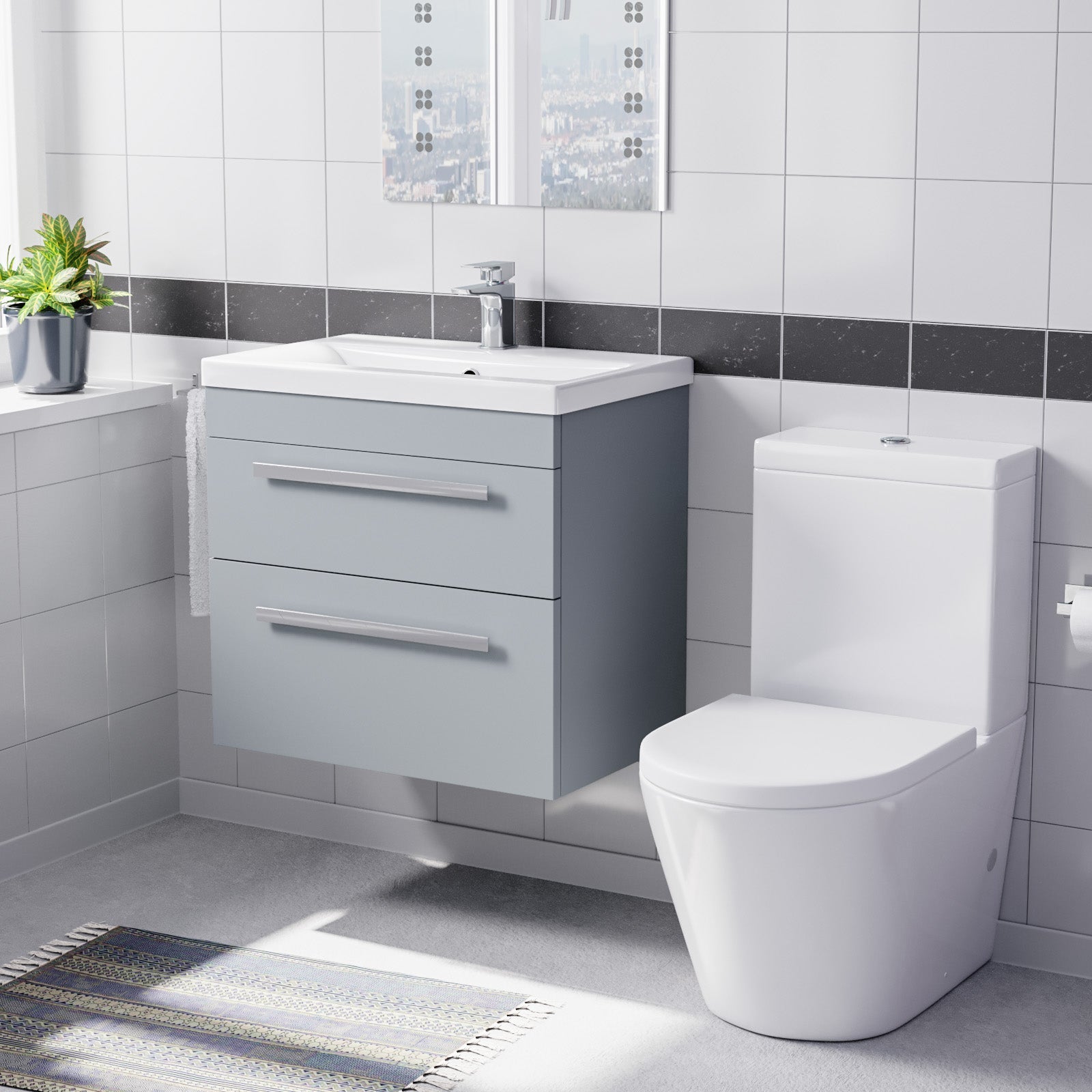 Nanuya Matte Grey 600mm Wall Hung 2 Drawer Vanity Cabinet Unit & Close Coupled Toilet