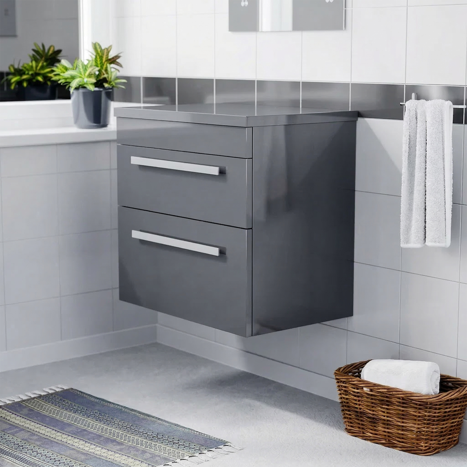 Nanuya 600mm Steel Grey Wall Hung 2 Drawers Worktop Vanity Unit