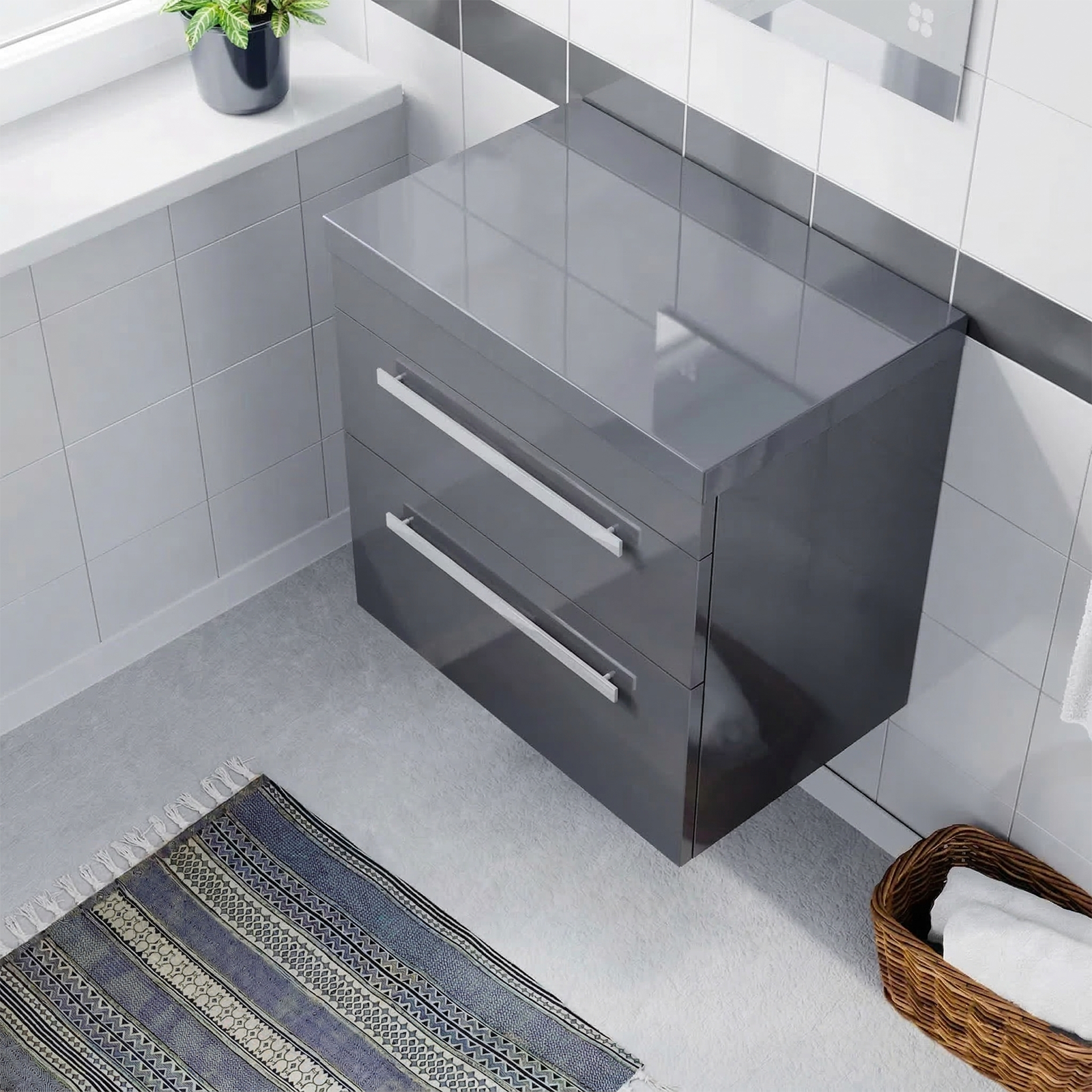 Nanuya 600mm Steel Grey Wall Hung 2 Drawers Worktop Vanity Unit