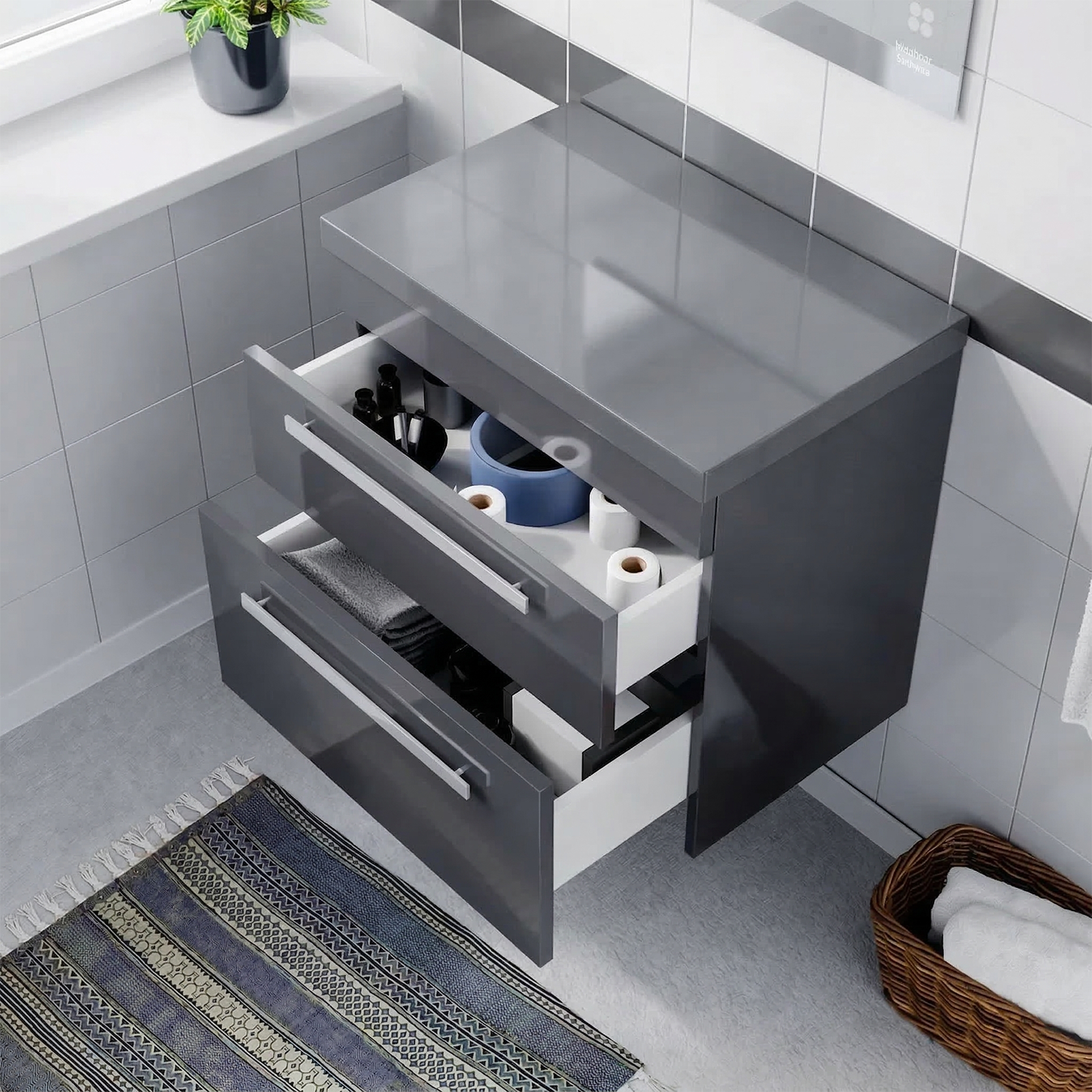 Nanuya 600mm Steel Grey Wall Hung 2 Drawers Worktop Vanity Unit