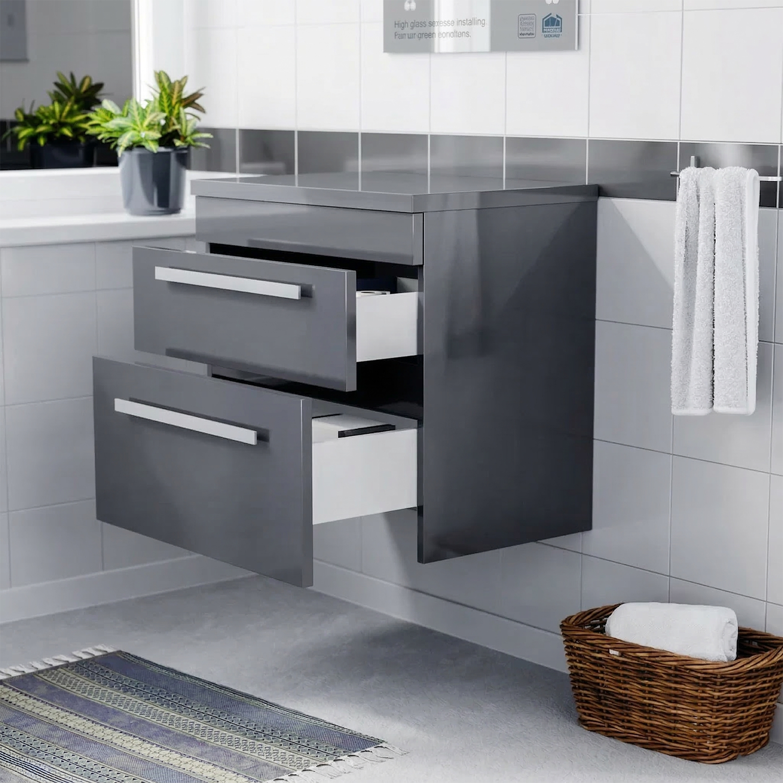 Nanuya 600mm Steel Grey Wall Hung 2 Drawers Worktop Vanity Unit
