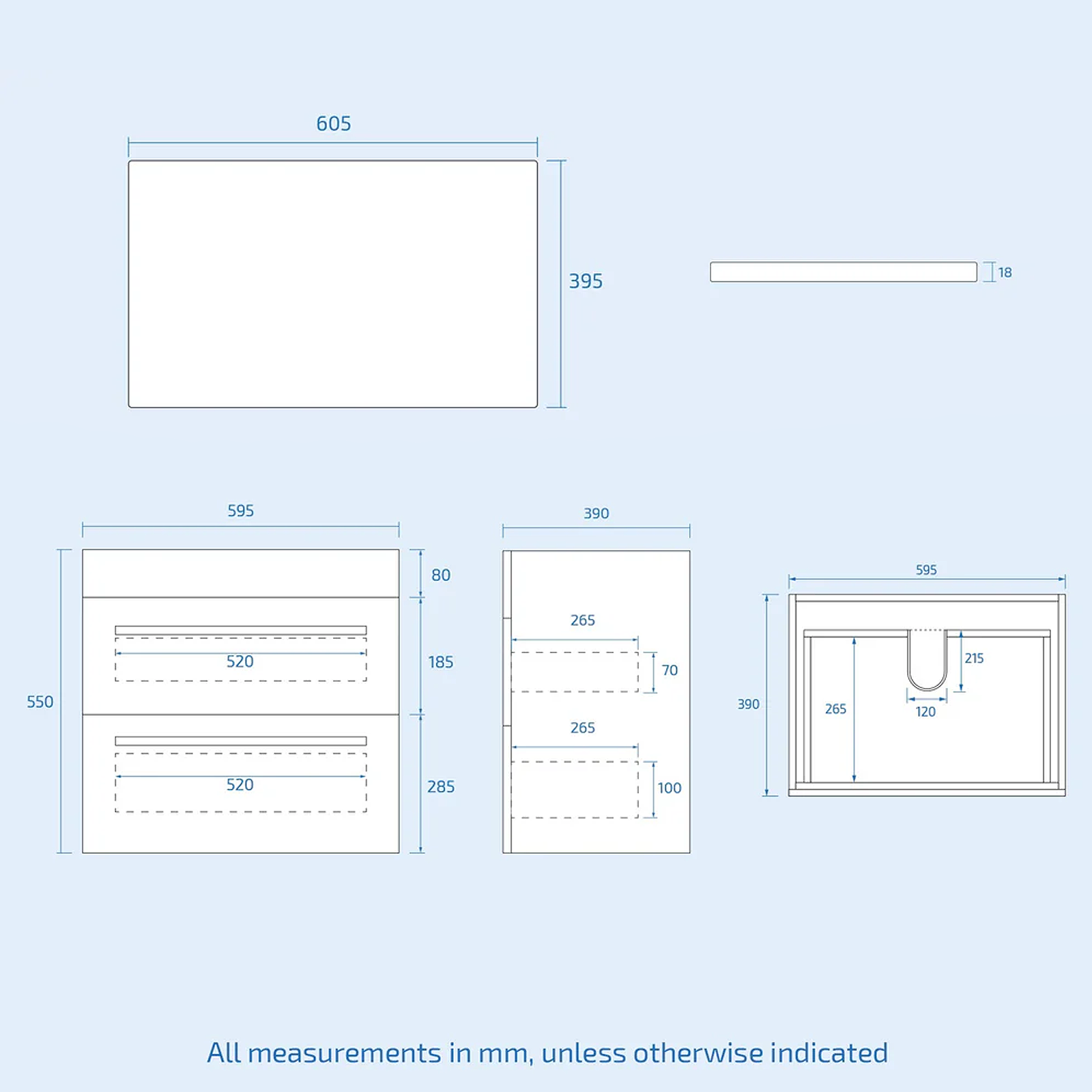 Nanuya 600mm Steel Grey Wall Hung 2 Drawers Worktop Vanity Unit