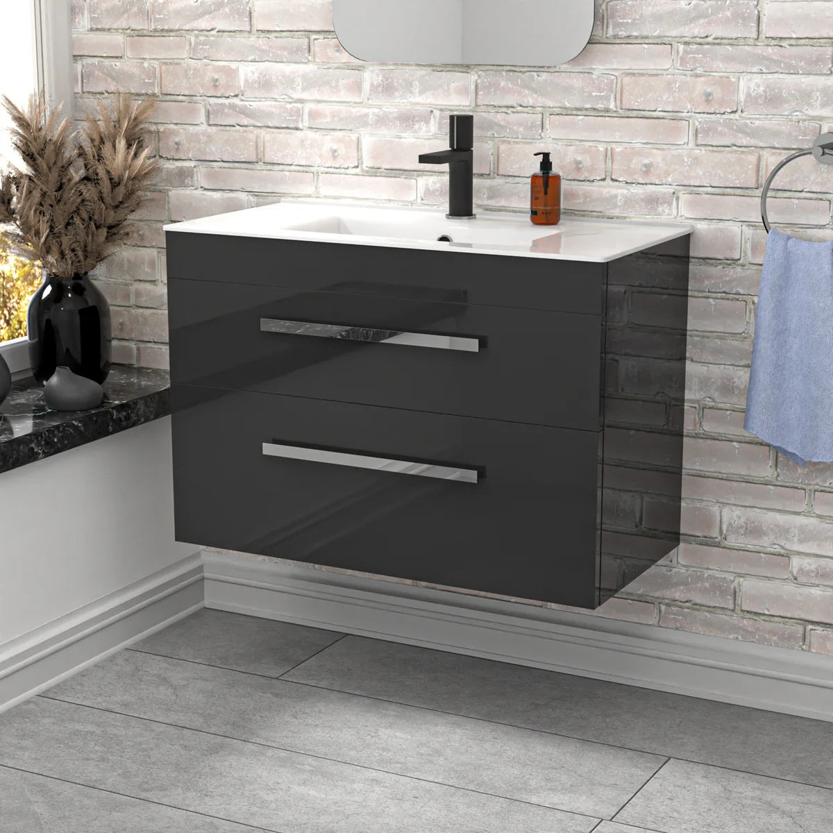 800mm Anthracite Wall Hung Cabinet 2 Drawer with Slim Ceramic Basin