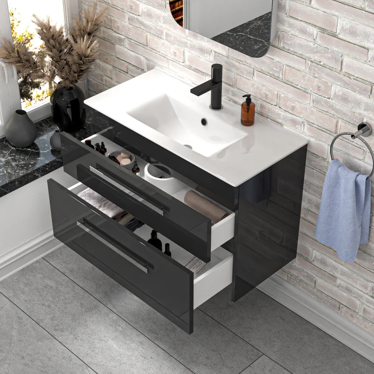 800mm Anthracite Wall Hung Cabinet 2 Drawer with Slim Ceramic Basin