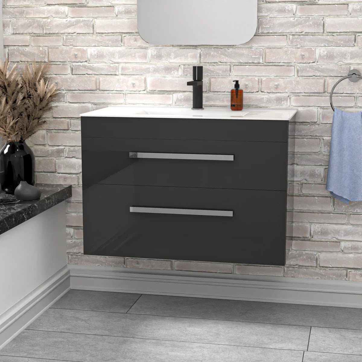 800mm Anthracite Wall Hung Cabinet 2 Drawer with Slim Ceramic Basin