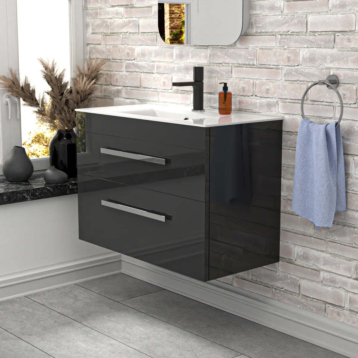 800mm Anthracite Wall Hung Cabinet 2 Drawer with Slim Ceramic Basin