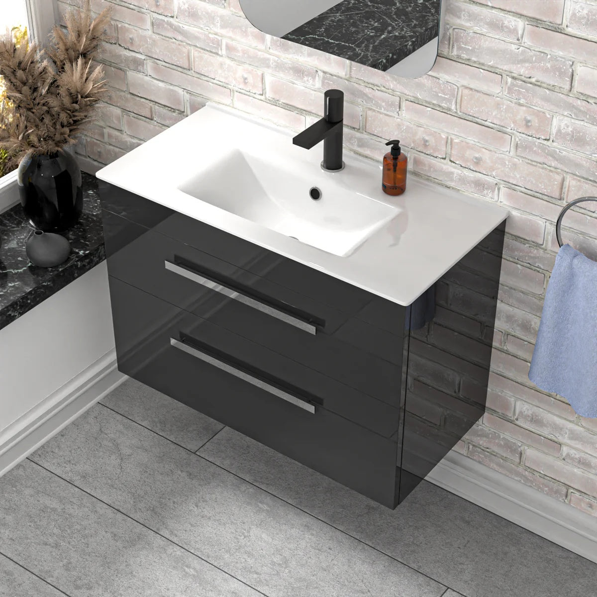 800mm Anthracite Wall Hung Cabinet 2 Drawer with Slim Ceramic Basin