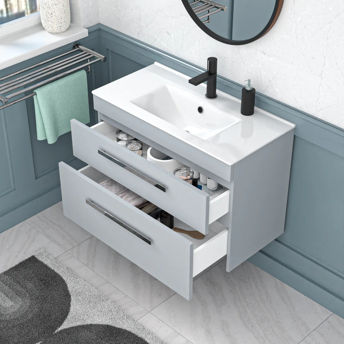 800mm Matte Grey Wall Hung Cabinet 2 Drawer with Slim Ceramic Basin