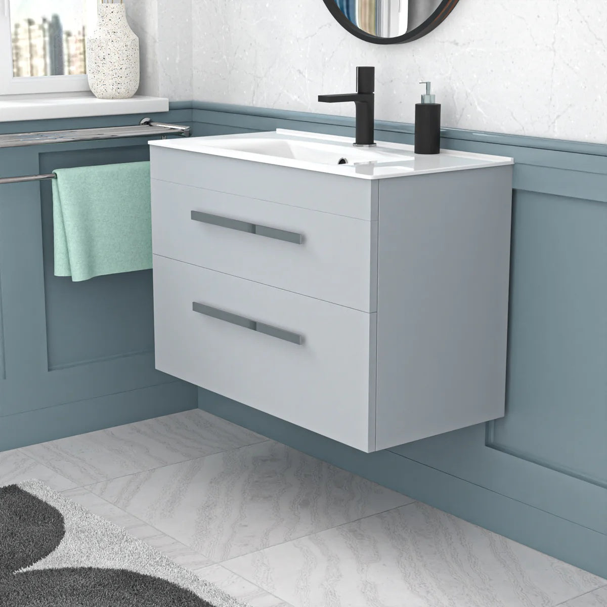 800mm Matte Grey Wall Hung Cabinet 2 Drawer with Slim Ceramic Basin