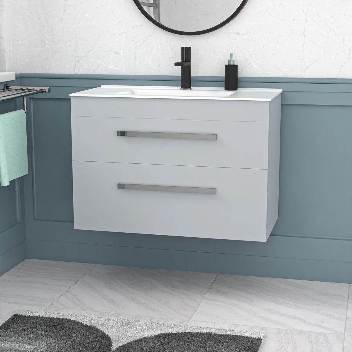 800mm Matte Grey Wall Hung Cabinet 2 Drawer with Slim Ceramic Basin