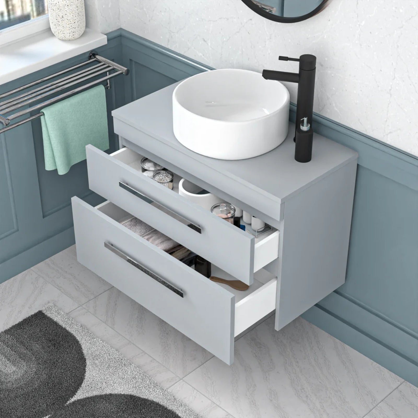 Wall Hung Matte Grey 800mm Drawers Cabinet With Basin and Worktop