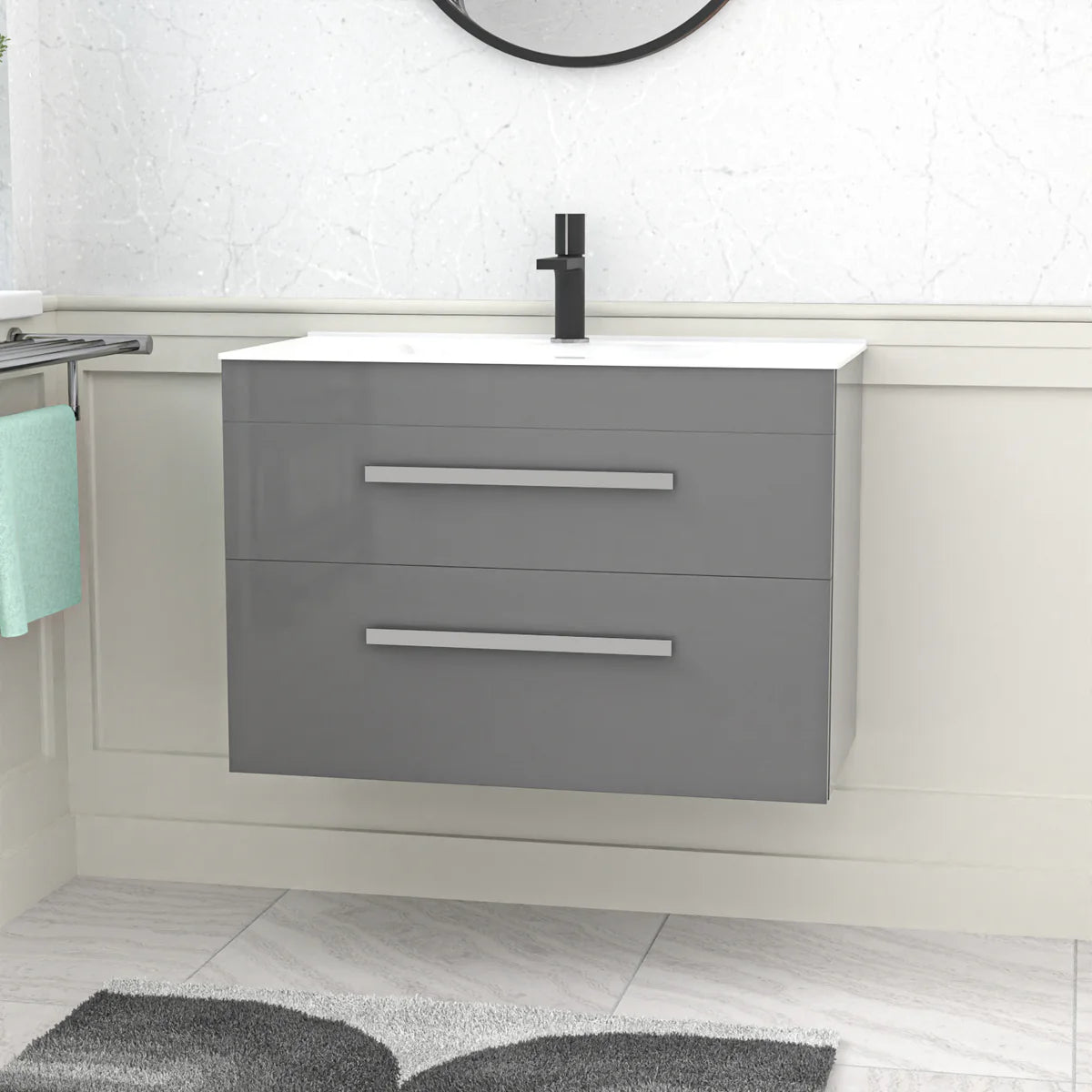 Nanuya 800mm Grey Wall Hung 2 Drawers Slim Basin Vanity Unit