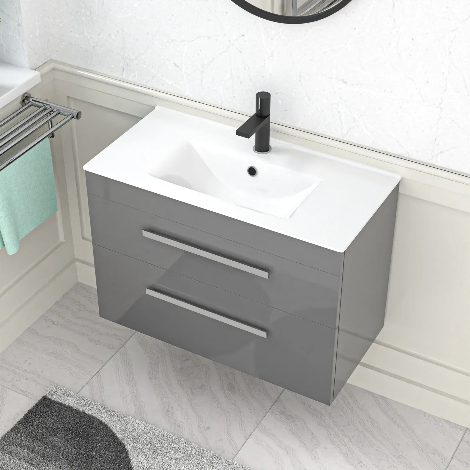 Nanuya 800mm Grey Wall Hung 2 Drawers Slim Basin Vanity Unit