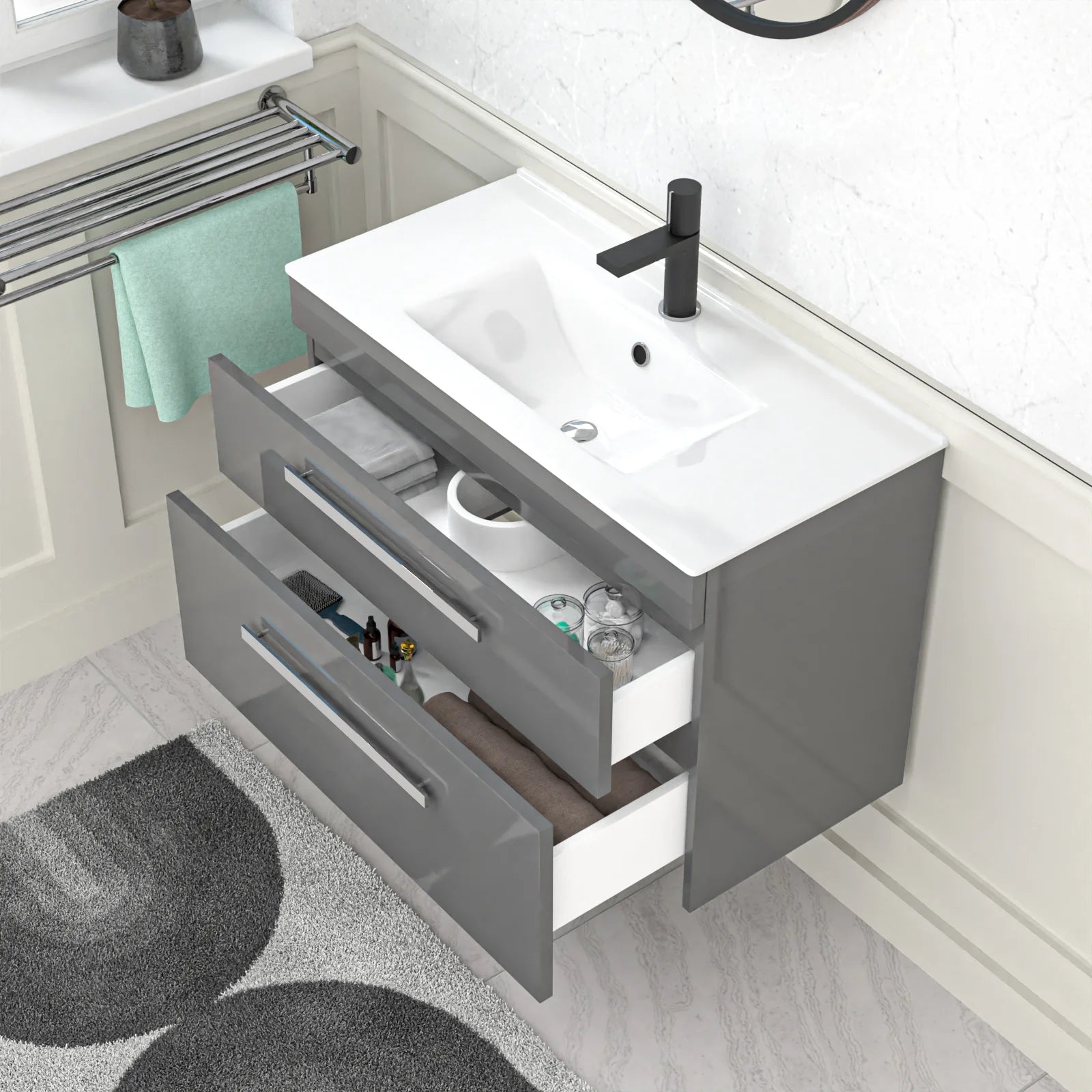 Nanuya 800mm Grey Wall Hung 2 Drawers Slim Basin Vanity Unit
