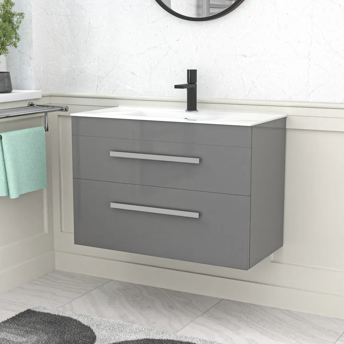 Nanuya 800mm Grey Wall Hung 2 Drawers Slim Basin Vanity Unit