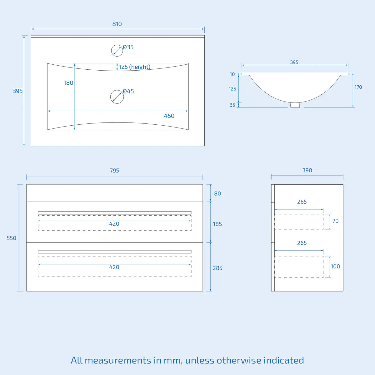 Nanuya 800mm White Wall Hung 2 Drawers Slim Basin Vanity Unit