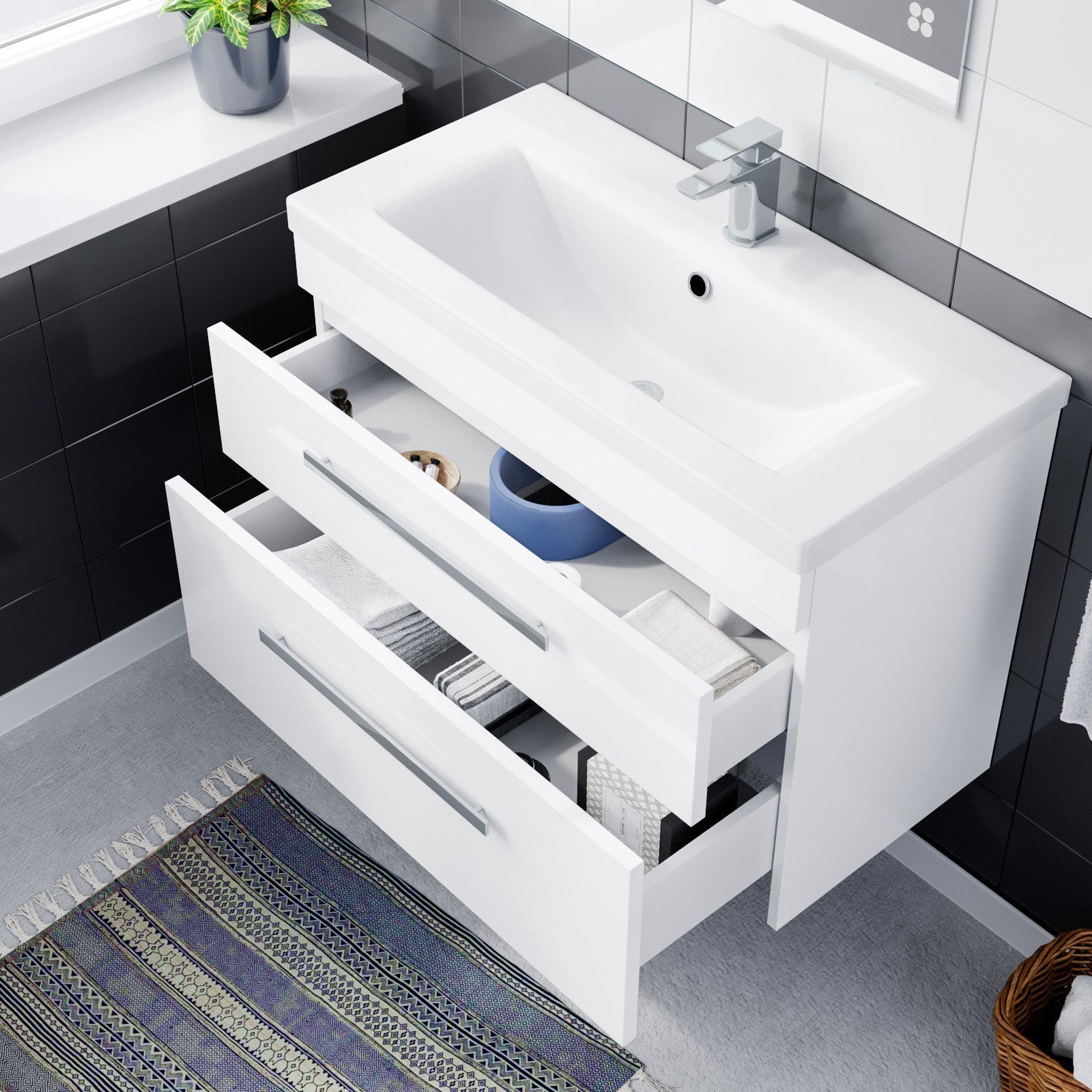 Nanuya 800mm Gloss White Wall Hung 2 Drawer Vanity Cabinet & Ceramic Basin Sink