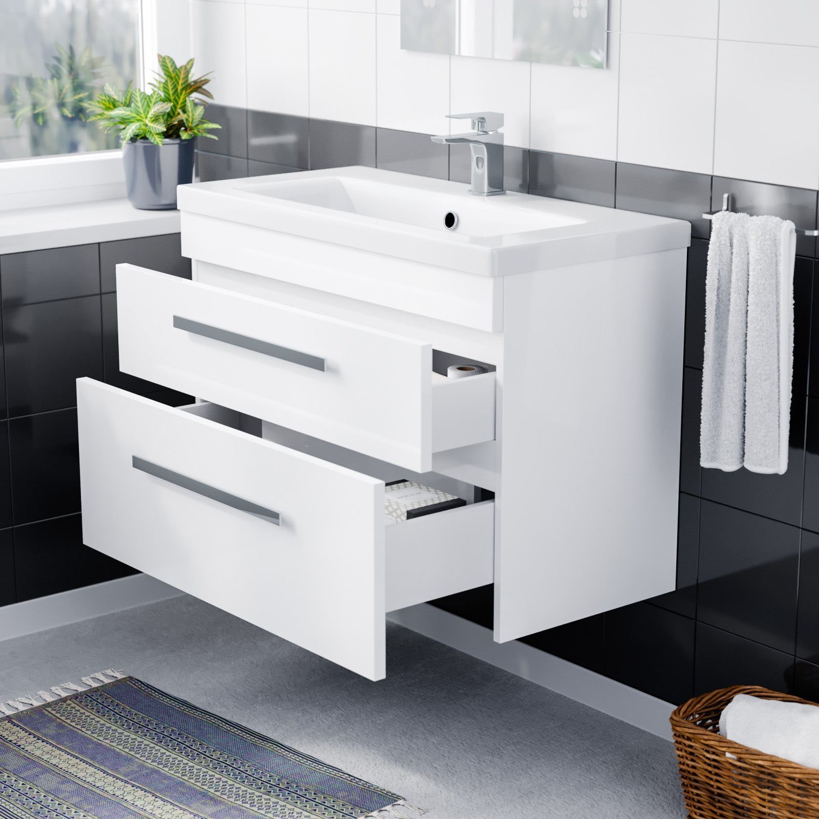 Nanuya 800mm Gloss White Wall Hung 2 Drawer Vanity Cabinet & Ceramic Basin Sink
