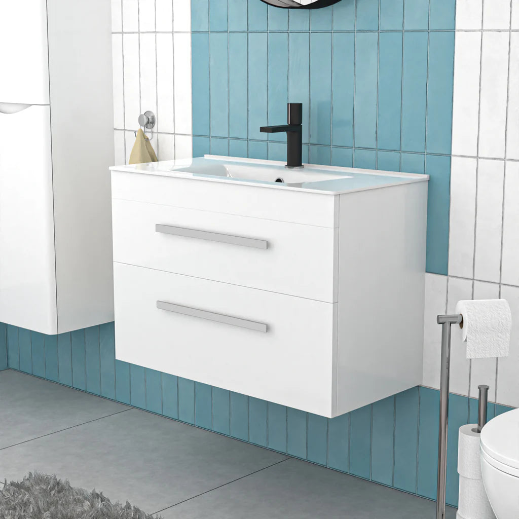 Nanuya 800mm White Wall Hung 2 Drawers Slim Basin Vanity Unit