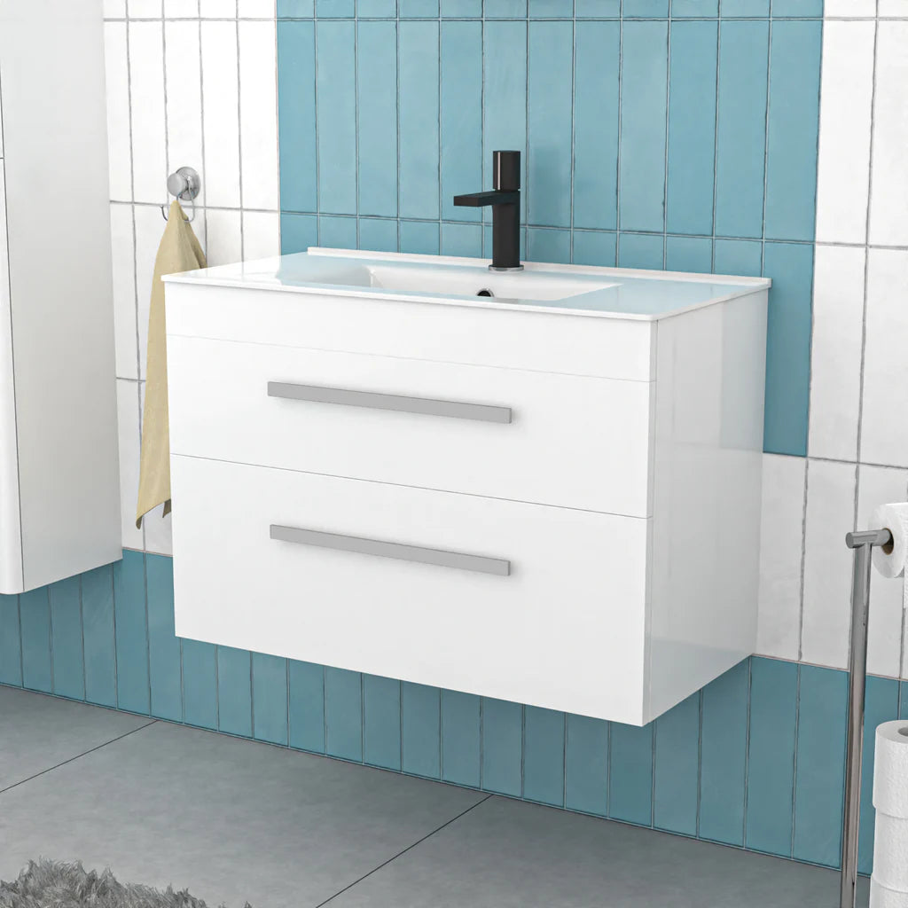 Nanuya 800mm White Wall Hung 2 Drawers Slim Basin Vanity Unit
