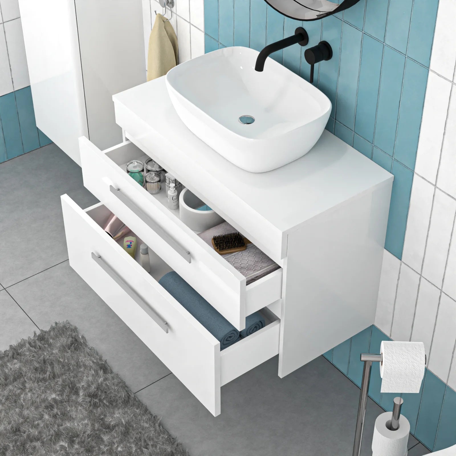 Nanuya 800mm White Wall Hung 2 Drawers with Basin and Worktop