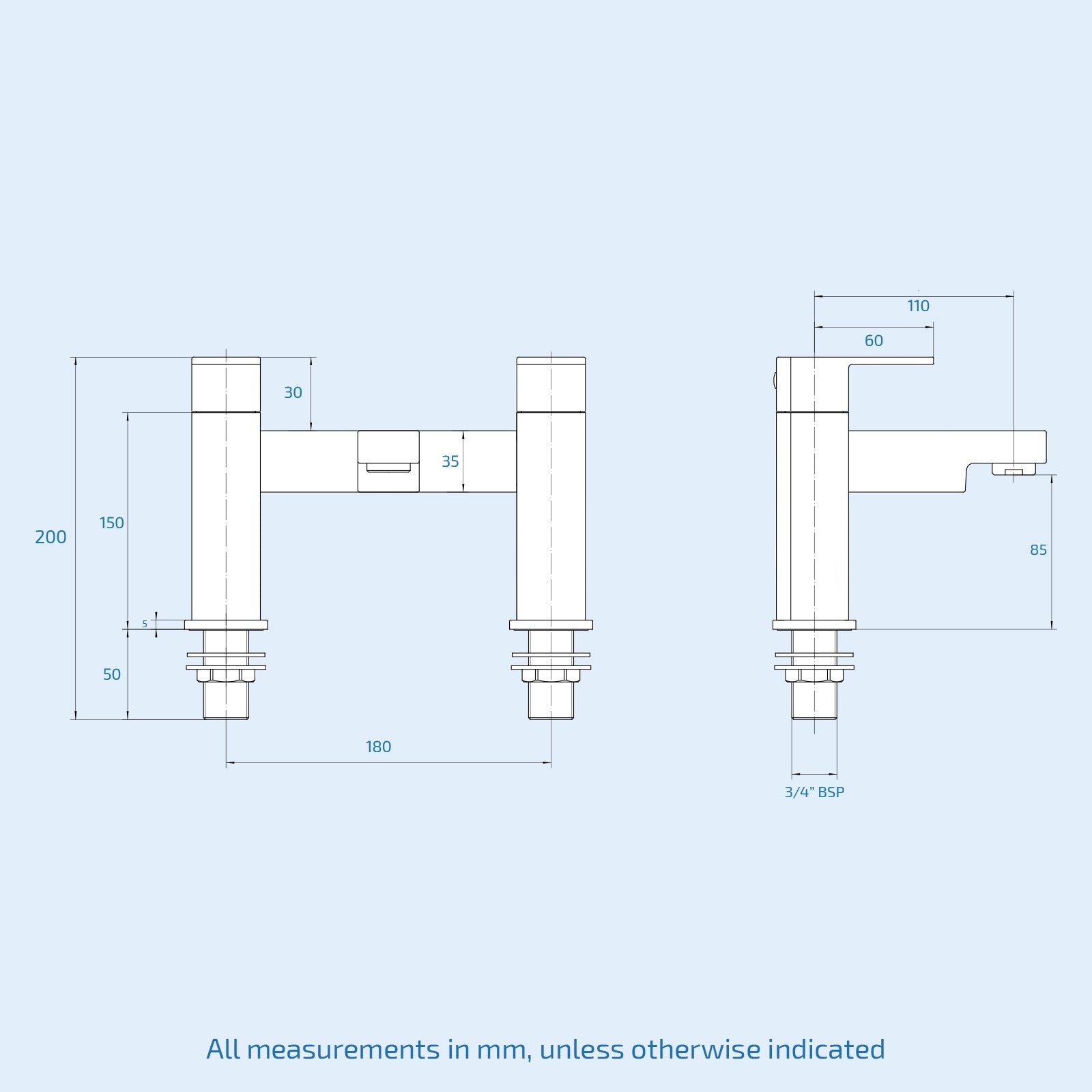 Eclipse Modern Square Bridge Deck Mounted Chrome Bath Filler Mixer Tap