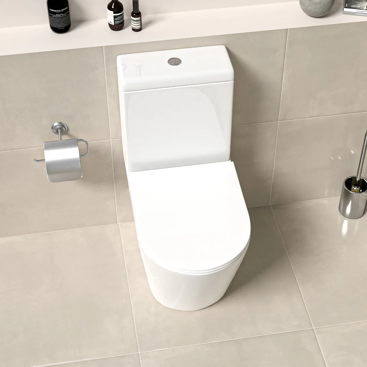 Round Rimless Close Coupled Toilet Pan without Bidet Nozzle and Valve