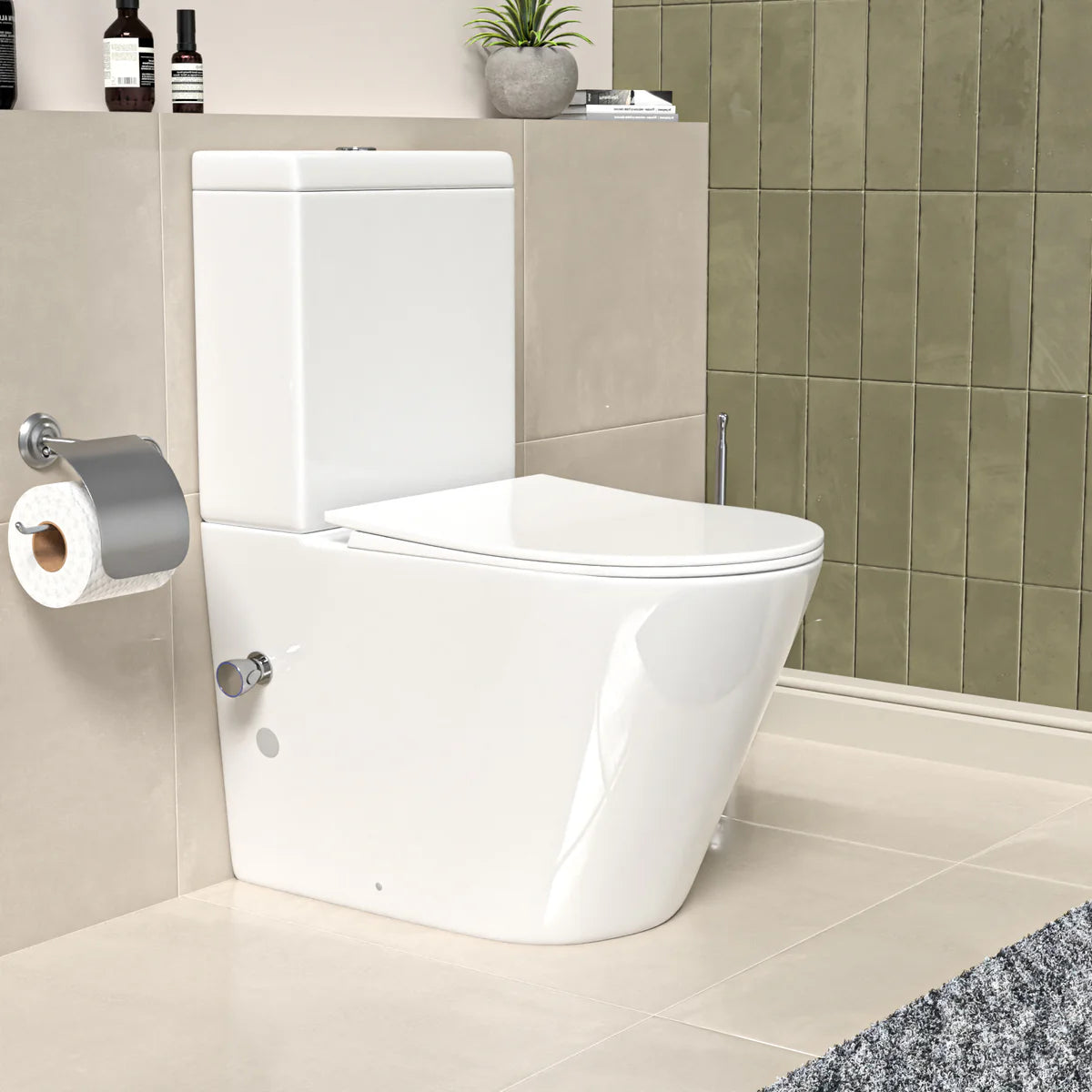 Round Rimless Close Coupled Toilet Pan With Integrated Bidet Valve