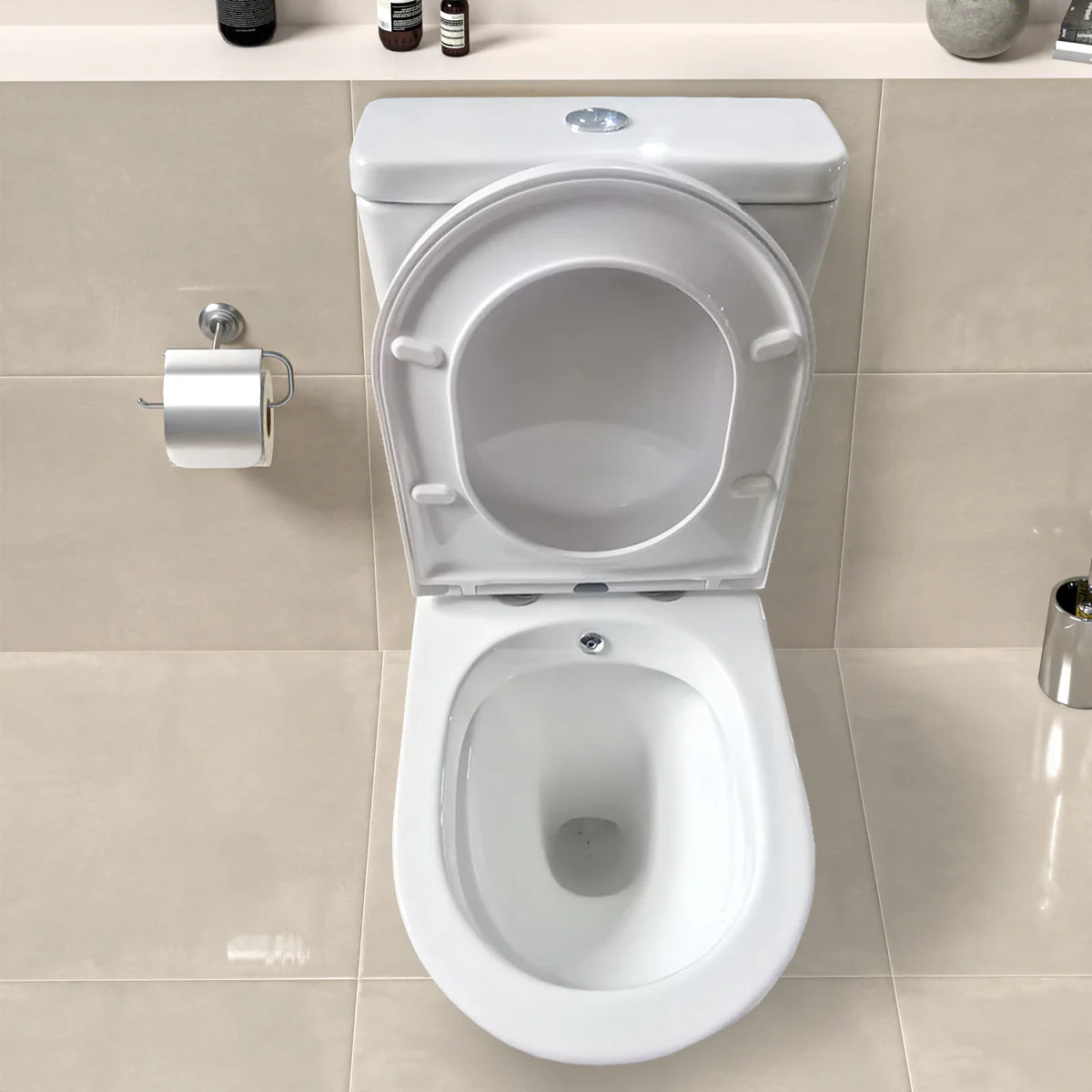 Round Rimless Close Coupled Toilet Pan With Integrated Bidet Valve